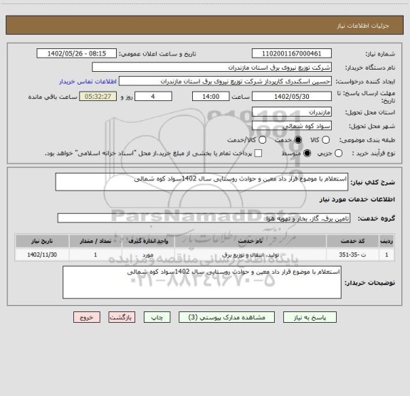 استعلام استعلام با موضوع قرار داد معین و حوادث روستایی سال 1402سواد کوه شمالی
