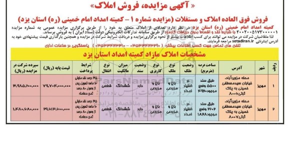 مزایده فروش فوق العاده املاک و مستغلات 