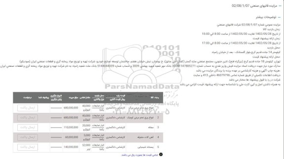 مزایده انواع ورق تخم مرغی بزرگ و...