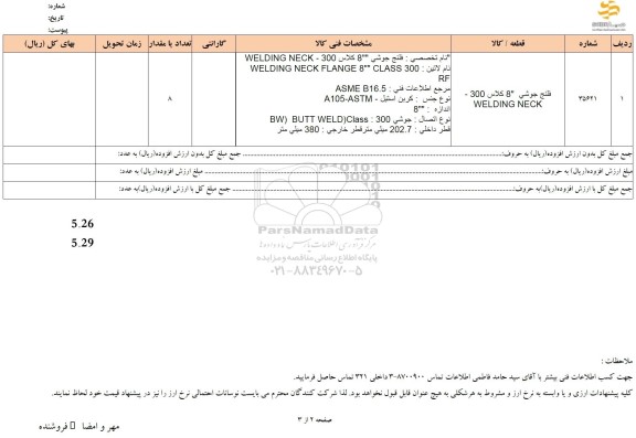 استعلام فلنج جوشی 8 کلاس WELDING NECK-300
