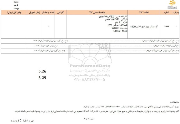 استعلام گیت والو چهار اینچ کلاس 1500