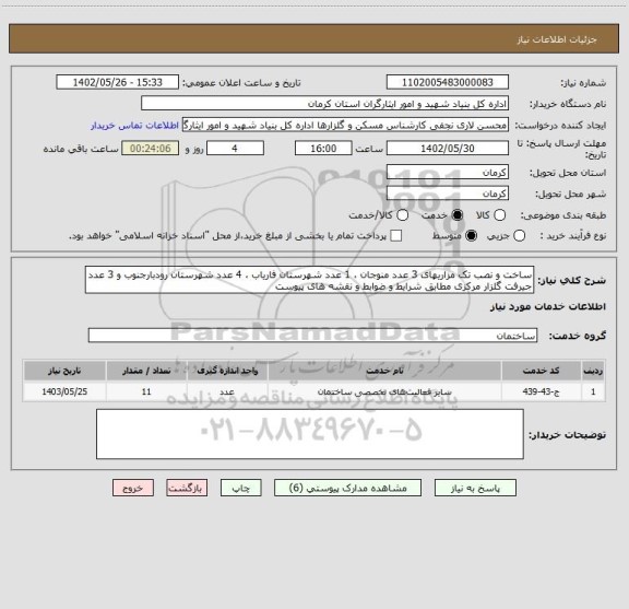 استعلام ساخت و نصب تک مزاریهای 3 عدد منوجان ، 1 عدد شهرستان فاریاب ، 4 عدد شهرستان رودبارجنوب و 3 عدد جیرفت گلزار مرکزی مطابق شرایط و ضوابط و نقشه های پیوست