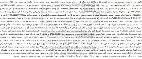 آگهی مزایده ششدانگ یک دستگاه اتومبیل سواری mvm new 315h 