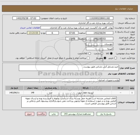 استعلام خرید وسایل آتش نشانی طبق پیوست.