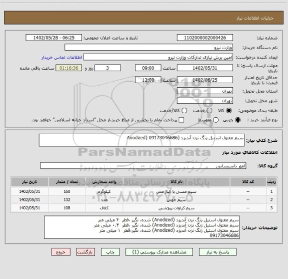 استعلام سیم مفتول استیل زنگ نزن آندیزد (Anodized) 09173046686