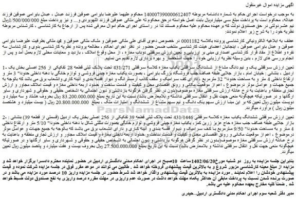مزایده فروش سرقفلی یک و نیم دانگ مشاع از ششدانگ سرقفلی یکباب مغازه 