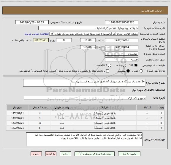 استعلام 24 عدد بال بیرینگ و رولر بیرینک skf اصل طبق شرح لیست پیوست.