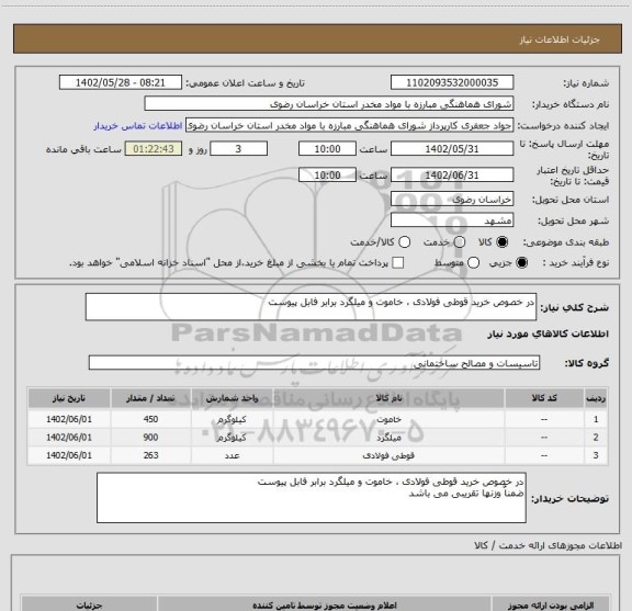استعلام در خصوص خرید قوطی فولادی ، خاموت و میلگرد برابر فابل پیوست