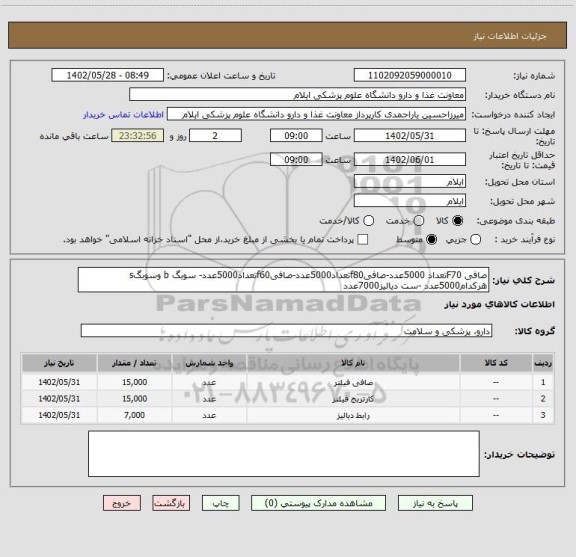 استعلام صافی F70تعداد 5000عدد-صافیf80تعداد5000عدد-صافیf60تعداد5000عدد- سوبگ b وسوبگs هرکدام5000عدد -ست دیالیز7000عدد