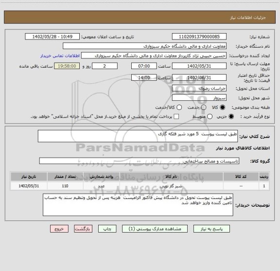 استعلام طبق لیست پیوست  5 مورد شیر فلکه گازی