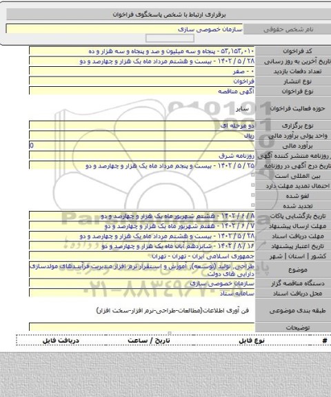 مناقصه, طراحی٬ تولید (توسعه)٬ آموزش و استقرار نرم افزار مدیریت فرآیندهای مولدسازی دارایی های دولت