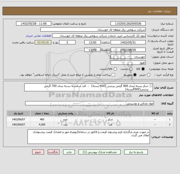 استعلام شکر بسته بندی 900 گرمی پردیس (400 بسته)   -  قند شکسته بسته بندی 700 گرمی پردیس(4500بسته)
تاریخ تولید محصولات می بایست بیش از 4 ماه باشد