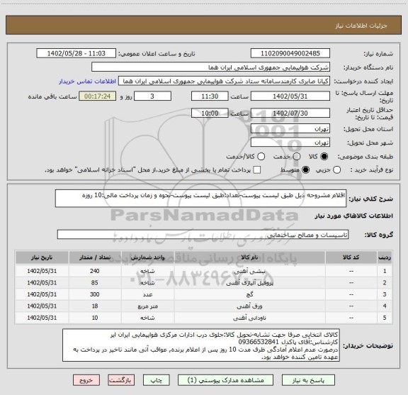 استعلام اقلام مشروحه ذیل طبق لیست پیوست-تعداد:طبق لیست پیوست-نحوه و زمان پرداخت مالی:10 روزه