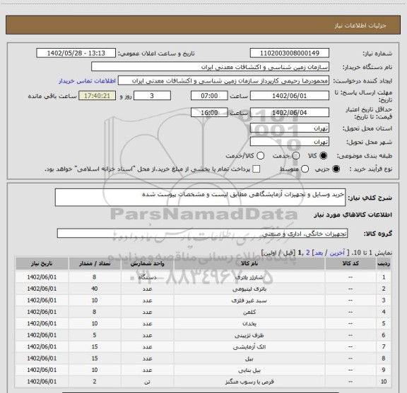 استعلام خرید وسایل و تجهیزات آزمایشگاهی مطابق لیست و مشخصات پیوست شده