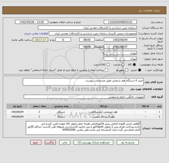 استعلام خرید 4 دستگاه هود شمایی طبق مشخصات پیوست