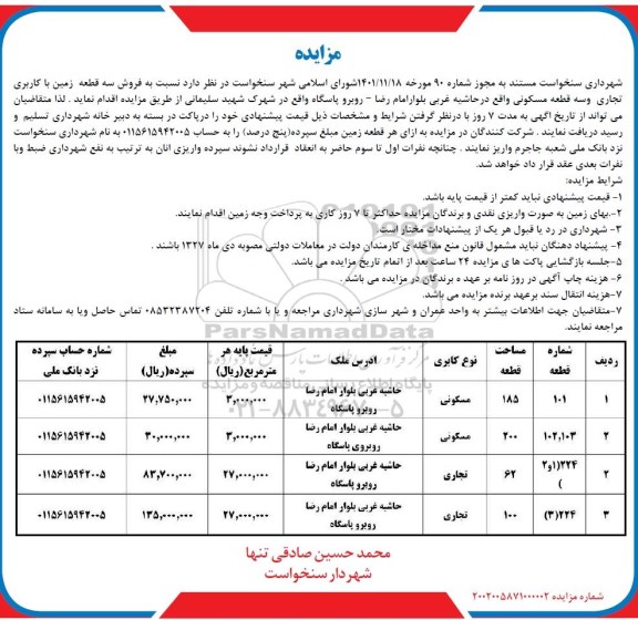 مزایده فروش سه قطعه زمین با کاربری تجاری و سه قطعه زمین مسکونی