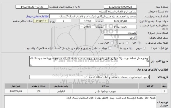 استعلام تهیه و حمل اتصالات و شیرآلات و ابزار دقیق طبق جدول پیوست 