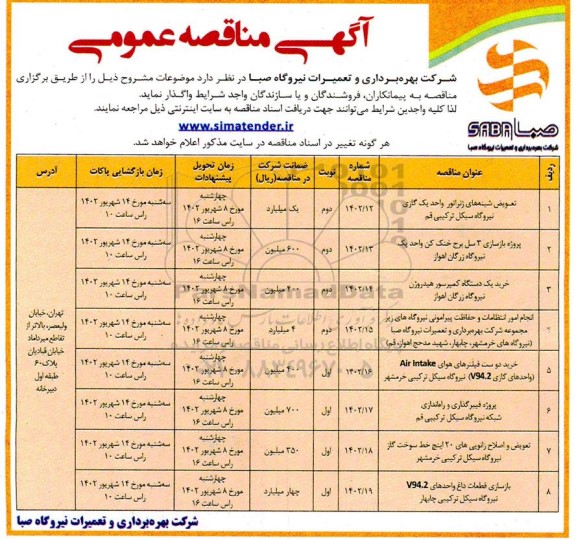 مناقصه تعویض شینه های ژنراتور واحد یک گازی نیروگاه سیکل ترکیبی و ...