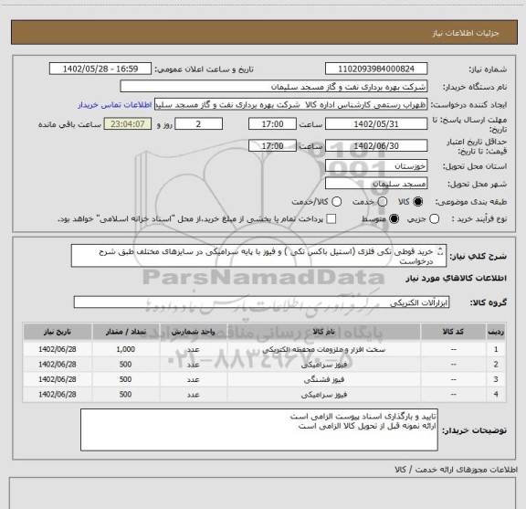 استعلام خرید قوطی تکی فلزی (استیل باکس تکی ) و فیوز با پایه سرامیکی در سایزهای مختلف طبق شرح درخواست