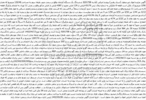 آگهی مزایده ششدانگ یک دستگاه آپارتمان واقع در سمت جنوب طبقه سوم به مساحت 120/48 مترمربع