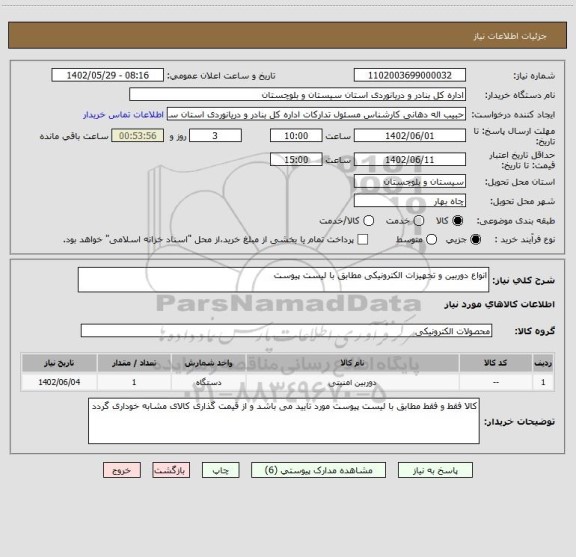 استعلام انواع دوربین و تجهیزات الکترونیکی مطابق با لیست پیوست