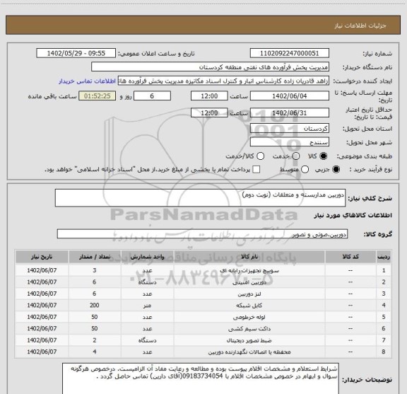 استعلام دوربین مداربسته و متعلقات (نوبت دوم)