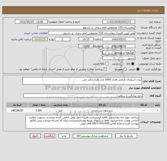 استعلام نیدل اسپاینال نارنجی تعداد 3000 عدد.مارک دکتر جی.