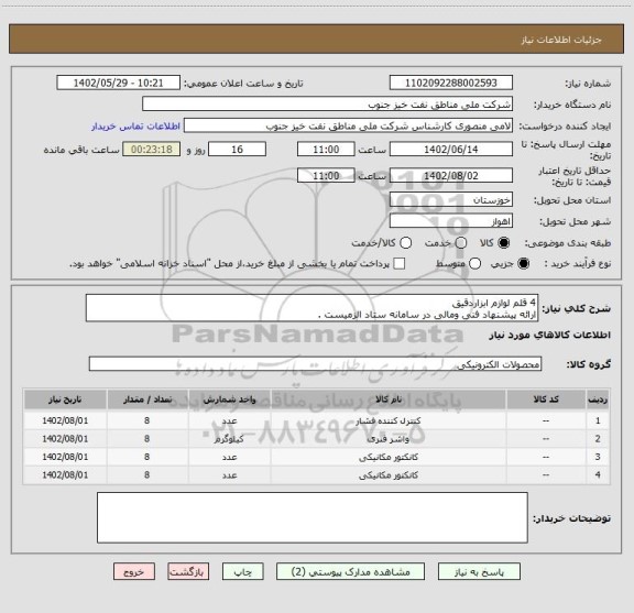 استعلام 4 قلم لوازم ابزاردقیق 
ارائه پیشنهاد فنی ومالی در سامانه ستاد الزمیست .