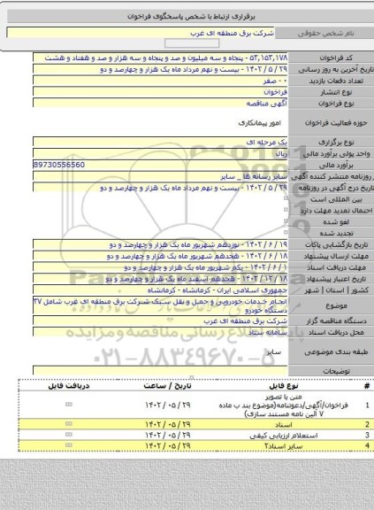 مناقصه, انجام خدمات خودرویی و حمل و نقل سبک شرکت برق منطقه ای غرب شامل ۳۷ دستگاه خودرو