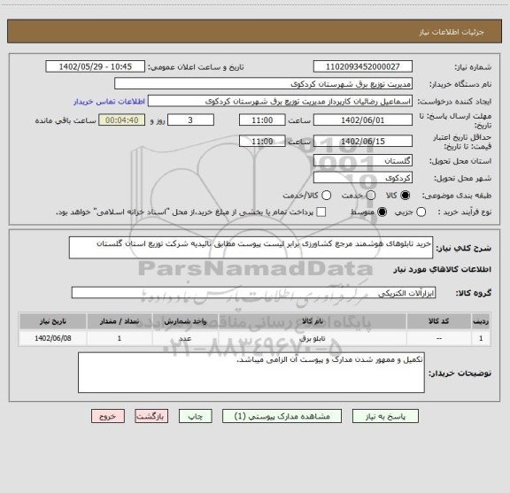 استعلام خرید تابلوهای هوشمند مرجع کشاورزی برابر لیست پیوست مطابق تائیدیه شرکت توزیع استان گلستان