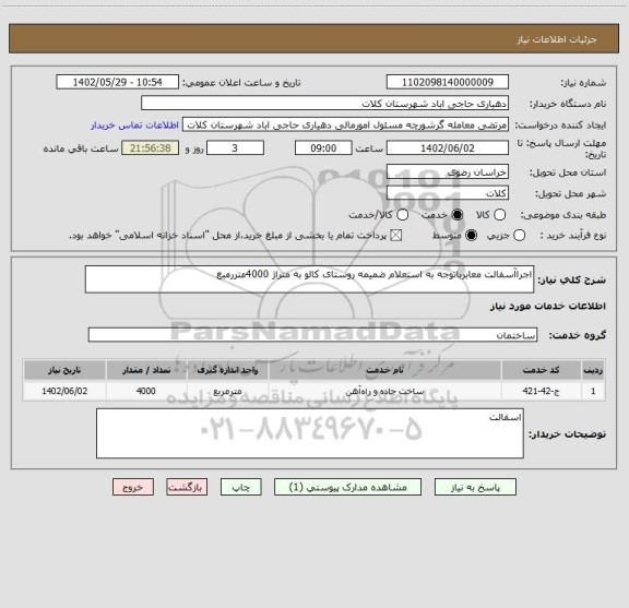 استعلام اجراآسفالت معابرباتوجه به استعلام ضمیمه روستای کالو به متراژ 4000متررمبع