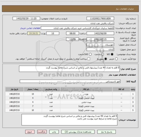 استعلام 5 قلم به تعداد 40 عدد/ پیشنهاد فنی و مالی بر اساس شرح تقاضا پیوست گردد
