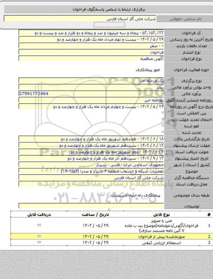 مناقصه, تعمیرات شبکه و انشعاب منطقه ۴ شیراز و صدرا (۱۴۰۲/۵۳)