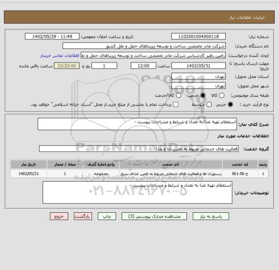 استعلام استعلام تهیه غذا به تعداد و شرایط و مندراجات پیوست -