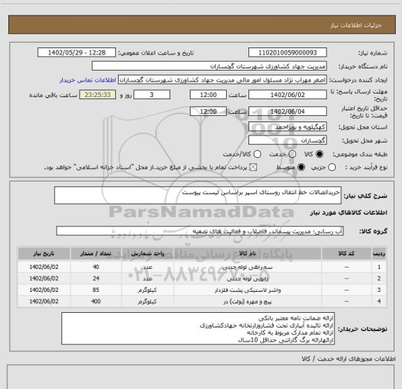 استعلام خریداتصالات خط انتقال روستای اسپر براساس لیست پیوست