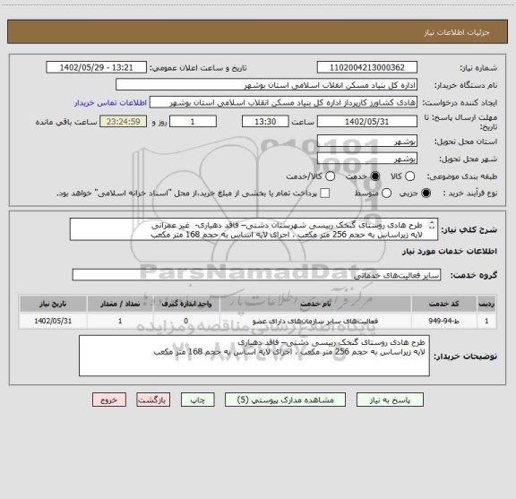 استعلام  طرح هادی روستای گنخک رییسی شهرستان دشتی– فاقد دهیاری-  غیر عمرانی
 لایه زیراساس به حجم 256 متر مکعب ، اجرای لایه اساس به حجم 168 متر مکعب