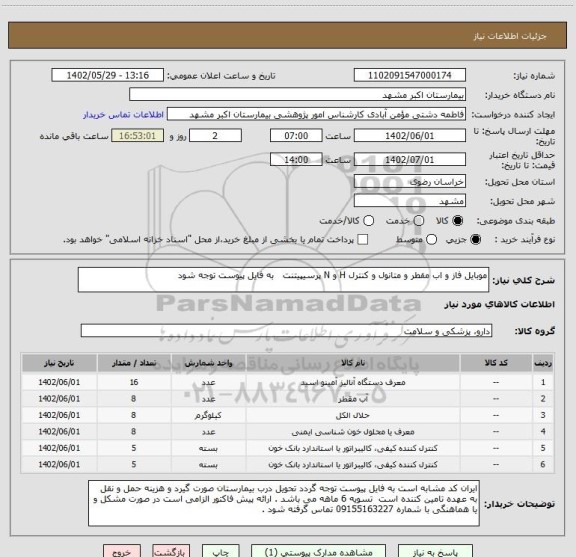 استعلام موبایل فاز و اب مقطر و متانول و کنترل H و N پرسیپیتنت   به فایل پیوست توجه شود