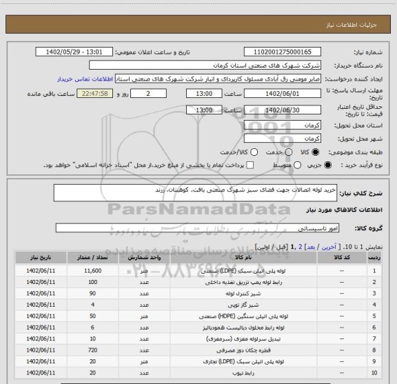استعلام خرید لوله اتصالات جهت فضای سبز شهرک صنعتی بافت، کوهبنان، زرند