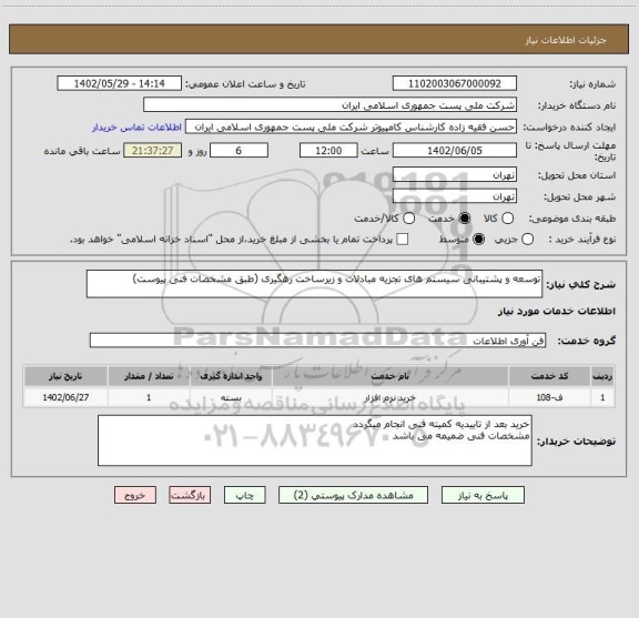 استعلام توسعه و پشتیبانی سیستم های تجزیه مبادلات و زیرساخت رهگیری (طبق مشخصات فنی پیوست)