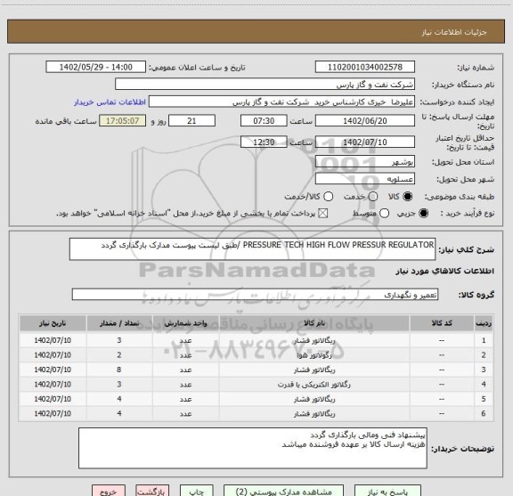 استعلام PRESSURE TECH HIGH FLOW PRESSUR REGULATOR /طبق لیست پیوست مدارک بارگذاری گردد