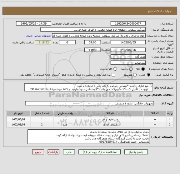 استعلام میز اداری 1 عدد *صندلی چرخدار گردان طبی ( اداری) 2 عدد
اولویت با تأمین کنندگان هرمزگان می باشد*کارشناس جهت بازدید از کالای پیشنهادی 09176254014