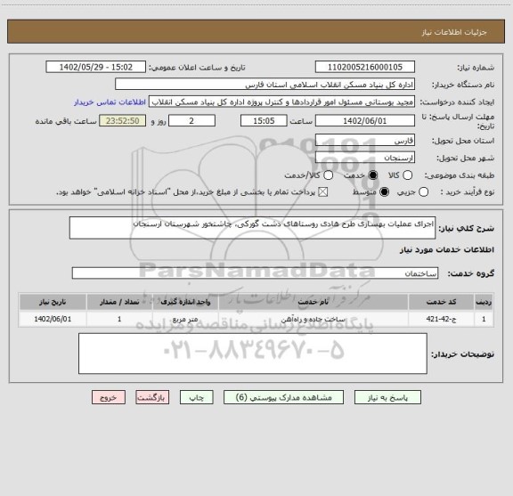 استعلام اجرای عملیات بهسازی طرح هادی روستاهای دشت گورکی، چاشتخور شهرستان ارسنجان