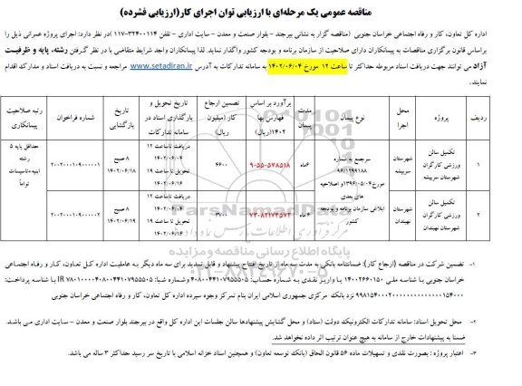 مناقصه تکمیل سالن ورزشی کارگران ...