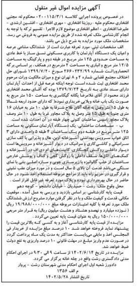 مزایده یک دستگاه آپارتمان با کاربری مسکونی به مساحت 12/5 مترمربع 