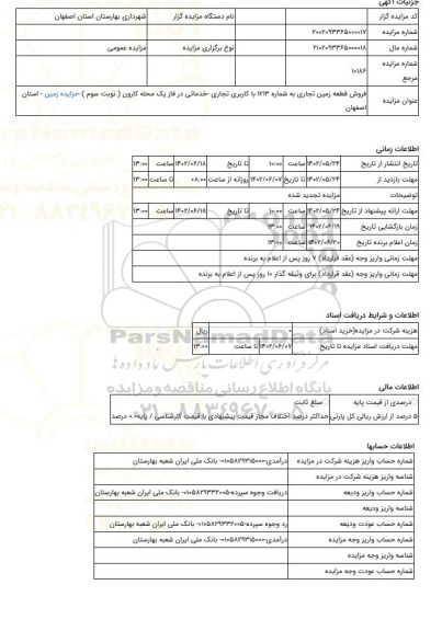 مزایده ، فروش قطعه زمین تجاری به شماره 1213 با کاربری تجاری -خدماتی در فاز یک محله کارون ( نوبت سوم ) -مزایده زمین - استان اص