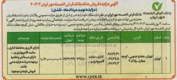 مزایده فروش و واگذاری ملک