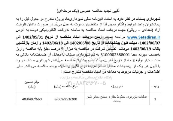 تجدید مناقصه عملیات بتن ریزی خطوط حفاری سطح معابر شهر