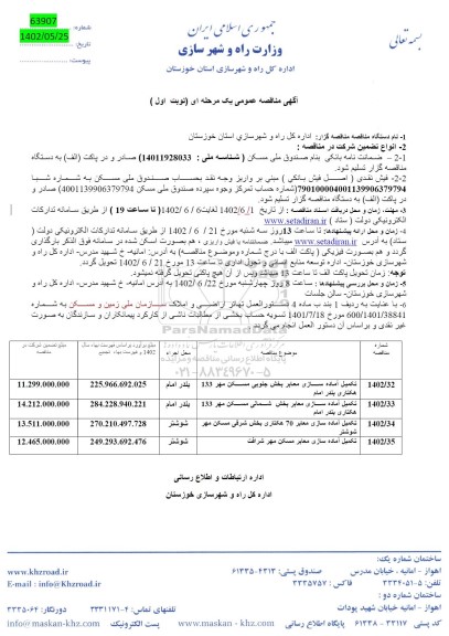 مناقصه تکمیل آماده سازی معابر بخش  جنوبی مسکن مهر..