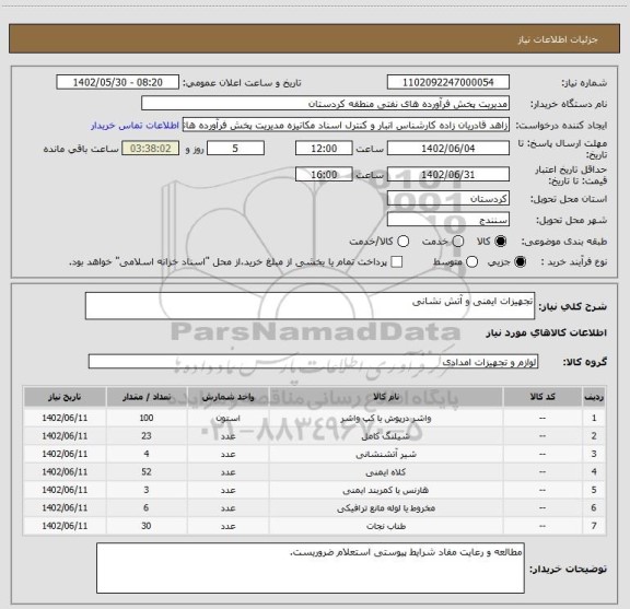 استعلام تجهیزات ایمنی و آتش نشانی