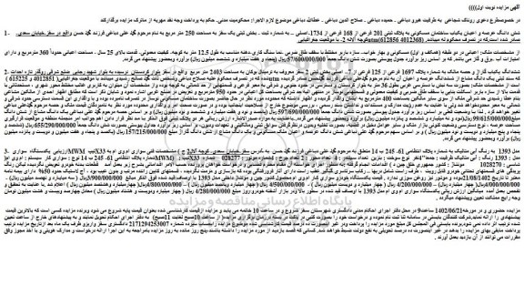 مزایده فروش شش دانگ عرصه و اعیان یکباب ساختمان مسکونی به پلاک ثبتی 201 فرعی از 168 فرعی از 1734-اصلی و...
